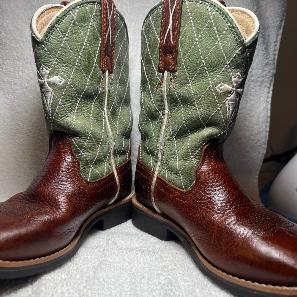 Twisted X Brown & Green Cross Leather Cowboy Boots-Pull on-Embroidered- - Picture 2 of 12